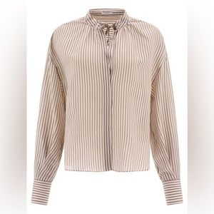 NWT Brunello Cucinelli Split-Neck Semi-Sheer Striped Blouse